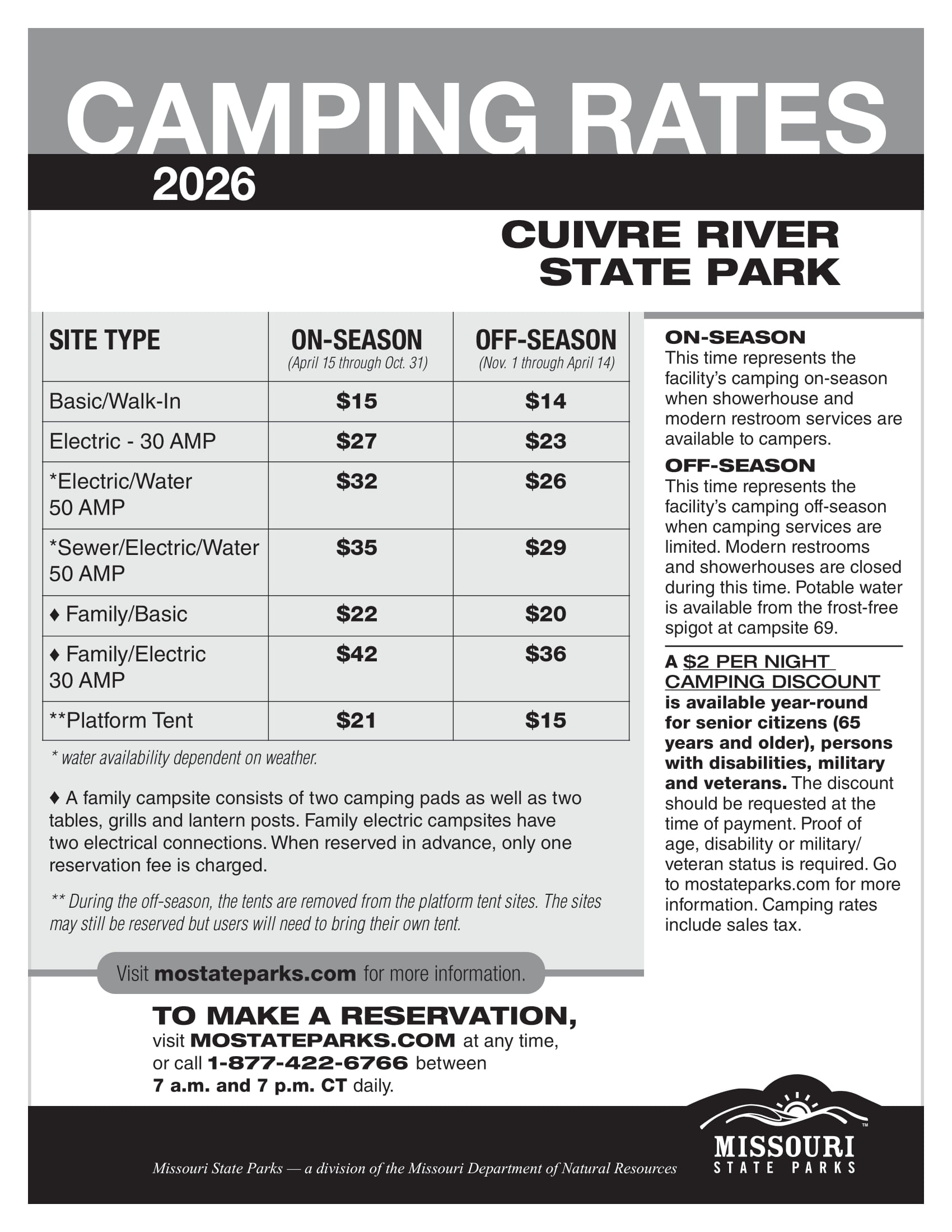 Camping rates in Cuivre River State Park (2026)